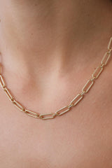 14K Gold Rectangle Long Chain Necklace, Paperclip Rope Rolo Chain