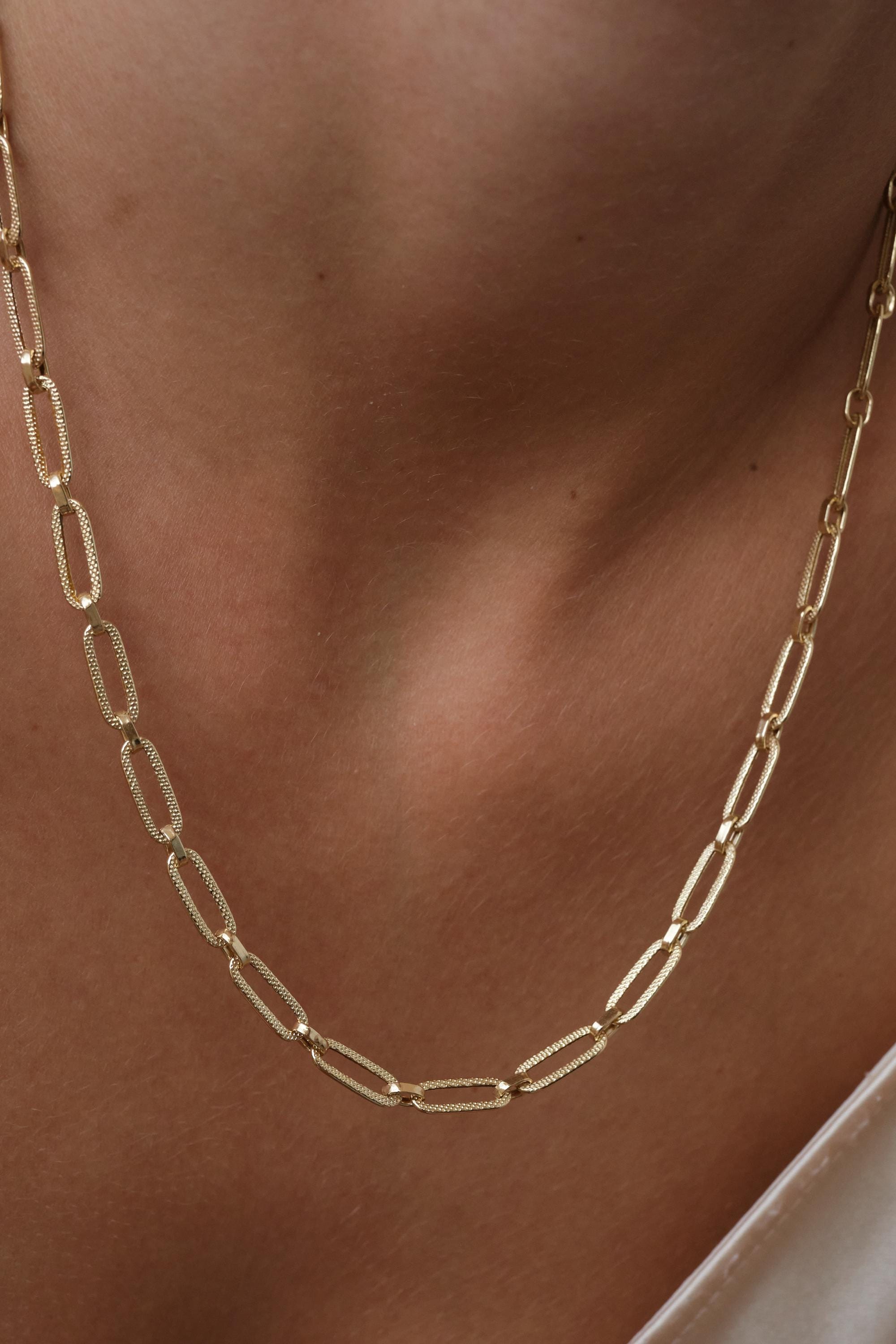 14K Gold Paperclip Chain Necklace, Textured Elongated Link Chain, Layering Statement Necklace, Gift for Her