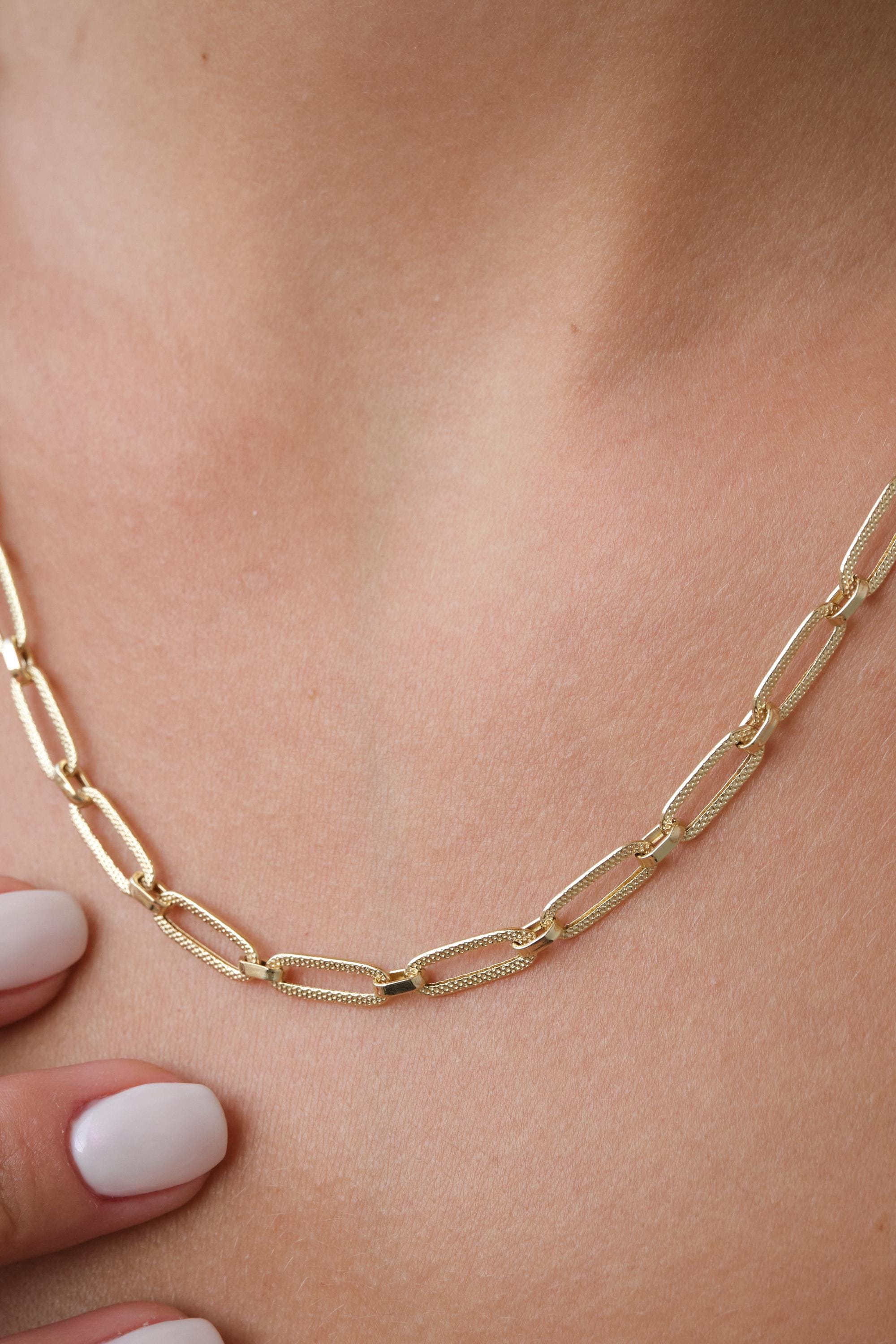 14K Gold Paperclip Chain Necklace, Textured Elongated Link Chain, Layering Statement Necklace, Gift for Her