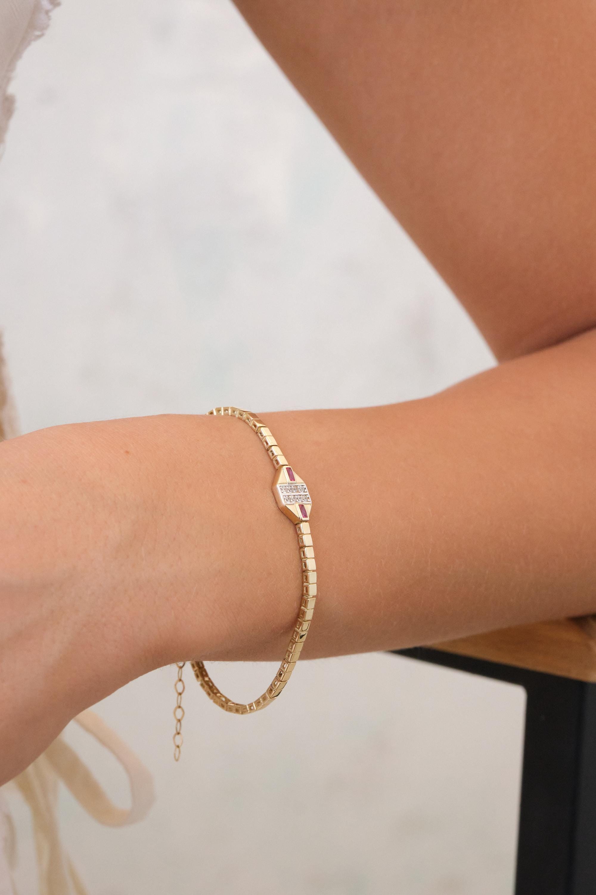 14K Gold Ruby Station Bracelet, Ruby Bar Box Chain Bracelet, Minimal Gemstone Gold Bracelet, Gift for Her