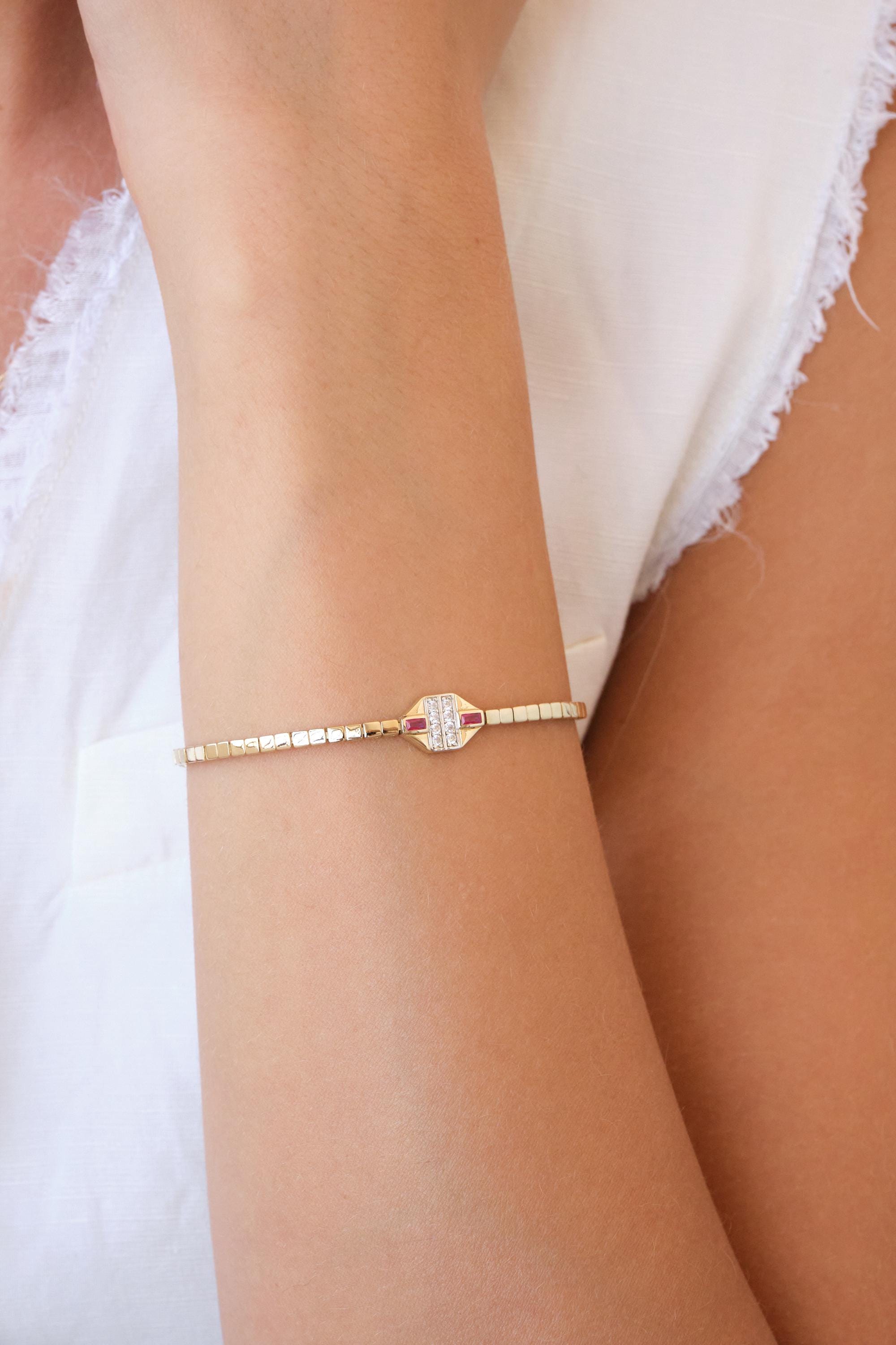 14K Gold Ruby Station Bracelet, Ruby Bar Box Chain Bracelet, Minimal Gemstone Gold Bracelet, Gift for Her