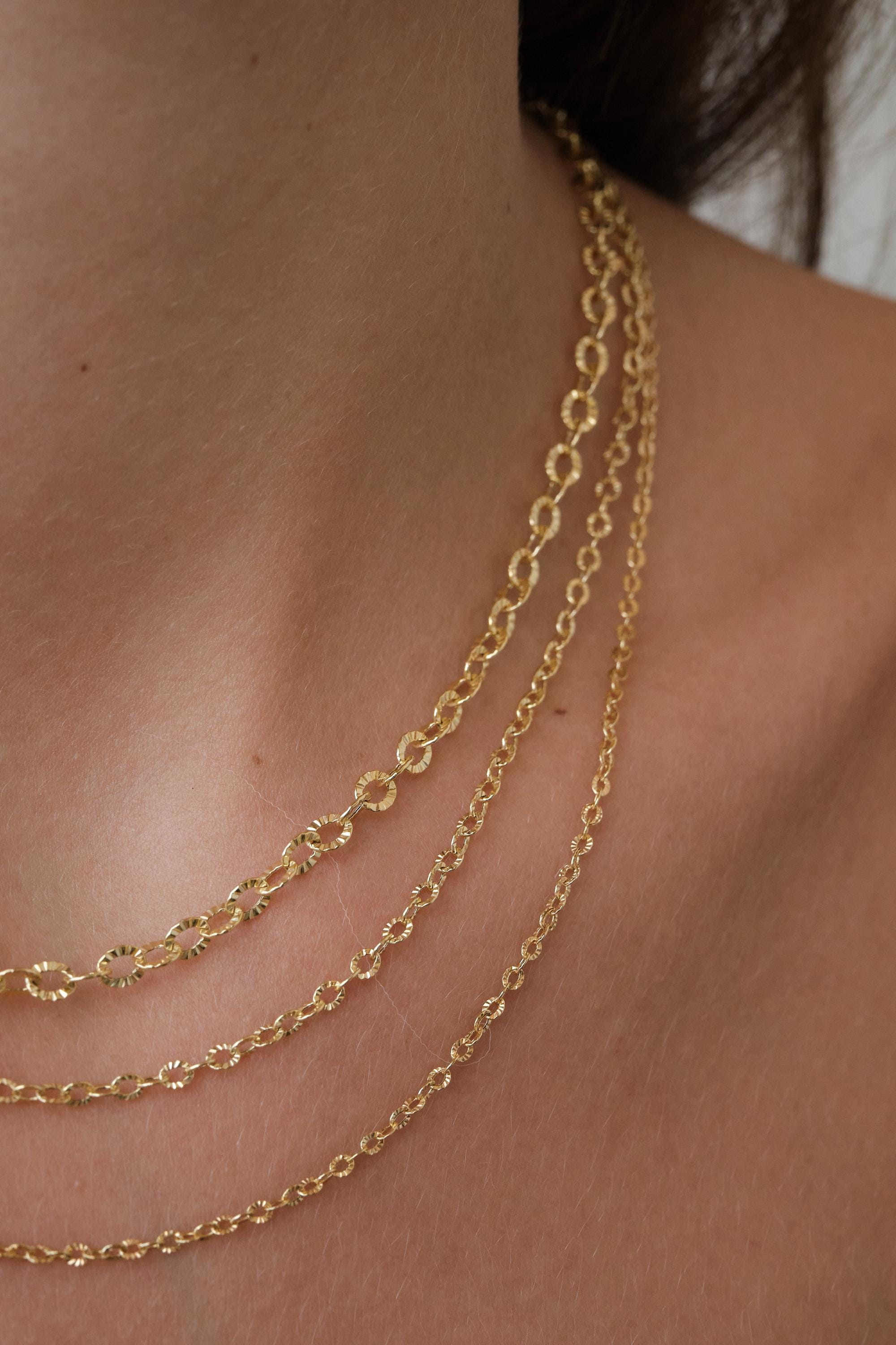 14K Gold Textured Oval Link Chain Necklace, 1.5mm 2.5mm 3.9mm Diamond Cut Cable Chain, Layering Necklace Gift for Her