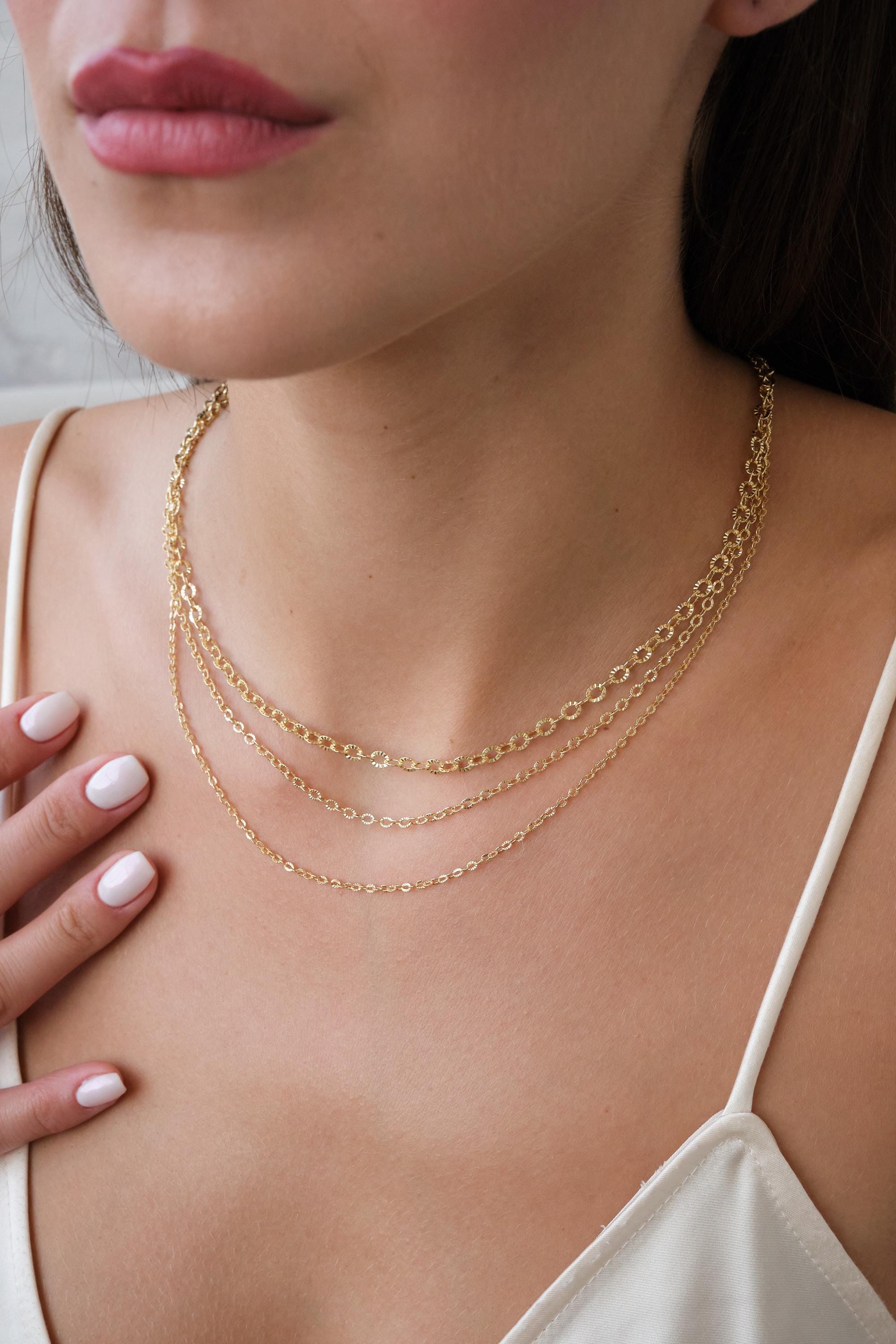 14K Gold Textured Oval Link Chain Necklace, 1.5mm 2.5mm 3.9mm Diamond Cut Cable Chain, Layering Necklace Gift for Her