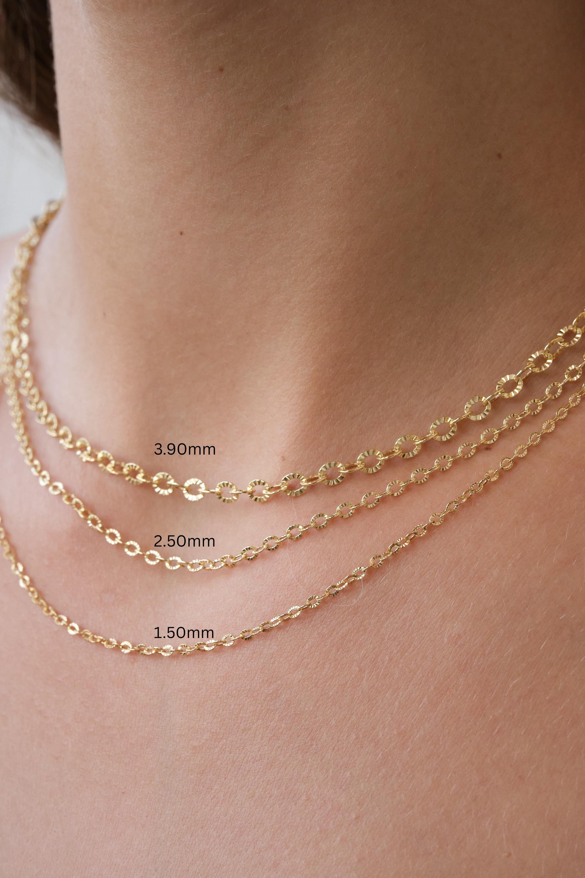 14K Gold Textured Oval Link Chain Necklace, 1.5mm 2.5mm 3.9mm Diamond Cut Cable Chain, Layering Necklace Gift for Her