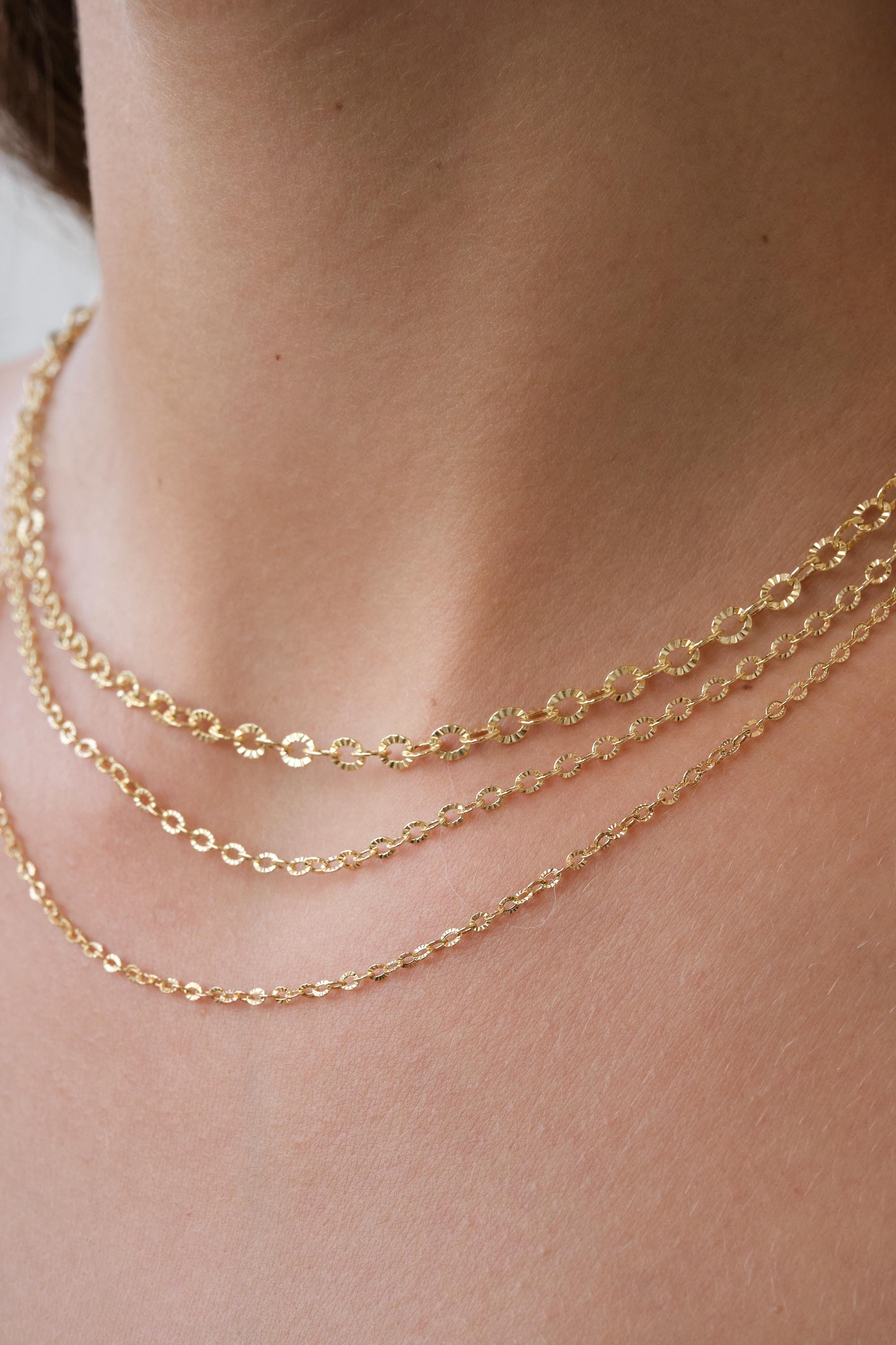 14K Gold Textured Oval Link Chain Necklace, 1.5mm 2.5mm 3.9mm Diamond Cut Cable Chain, Layering Necklace Gift for Her