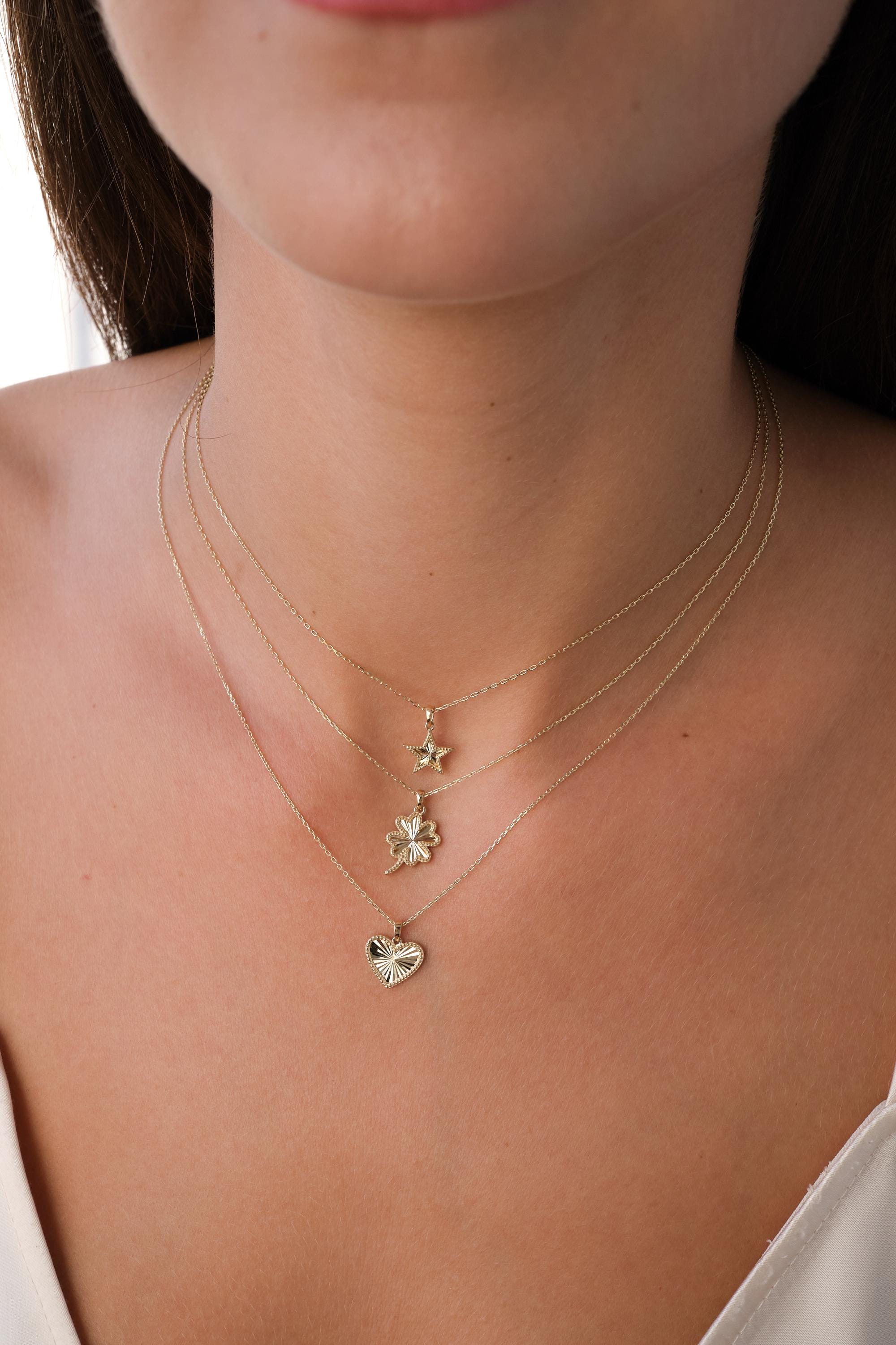 14K Gold Heart Star Clover Necklace, Mini Textured Heart Pendant, Sparkle Gold Star Charm, Small Clover Necklace, Love Pendant Necklace