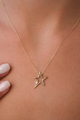 14K Gold Open Star Necklace, Small Star Pendant
