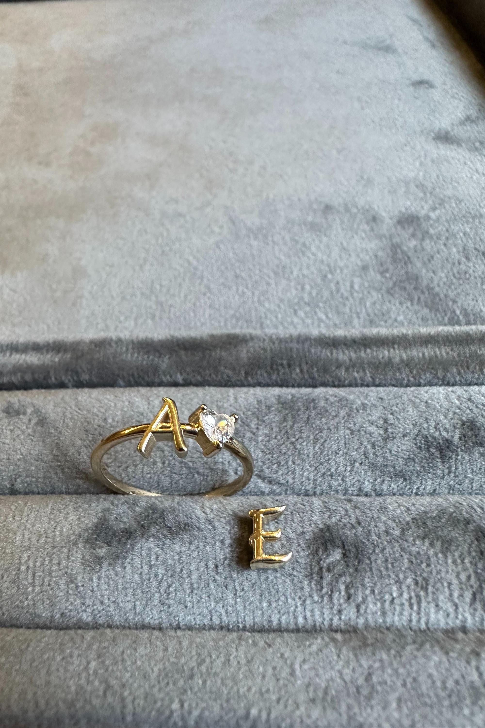 14K Gold Initial Ring with Removable Letters, Heart Stone Ring, Personalized Letter Ring, Custom Name Ring, Meaningful Gift for Her