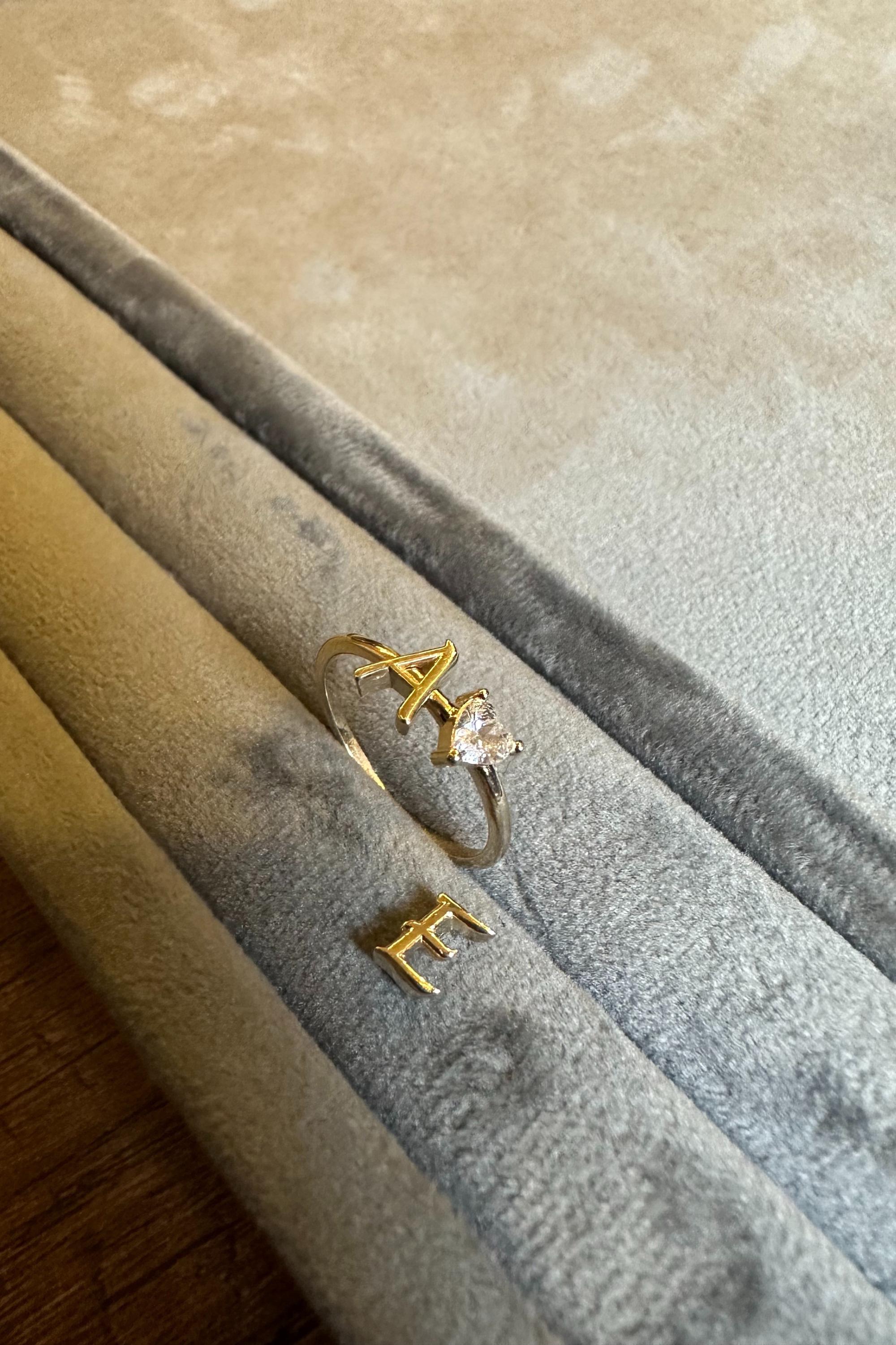 14K Gold Initial Ring with Removable Letters, Heart Stone Ring, Personalized Letter Ring, Custom Name Ring, Meaningful Gift for Her