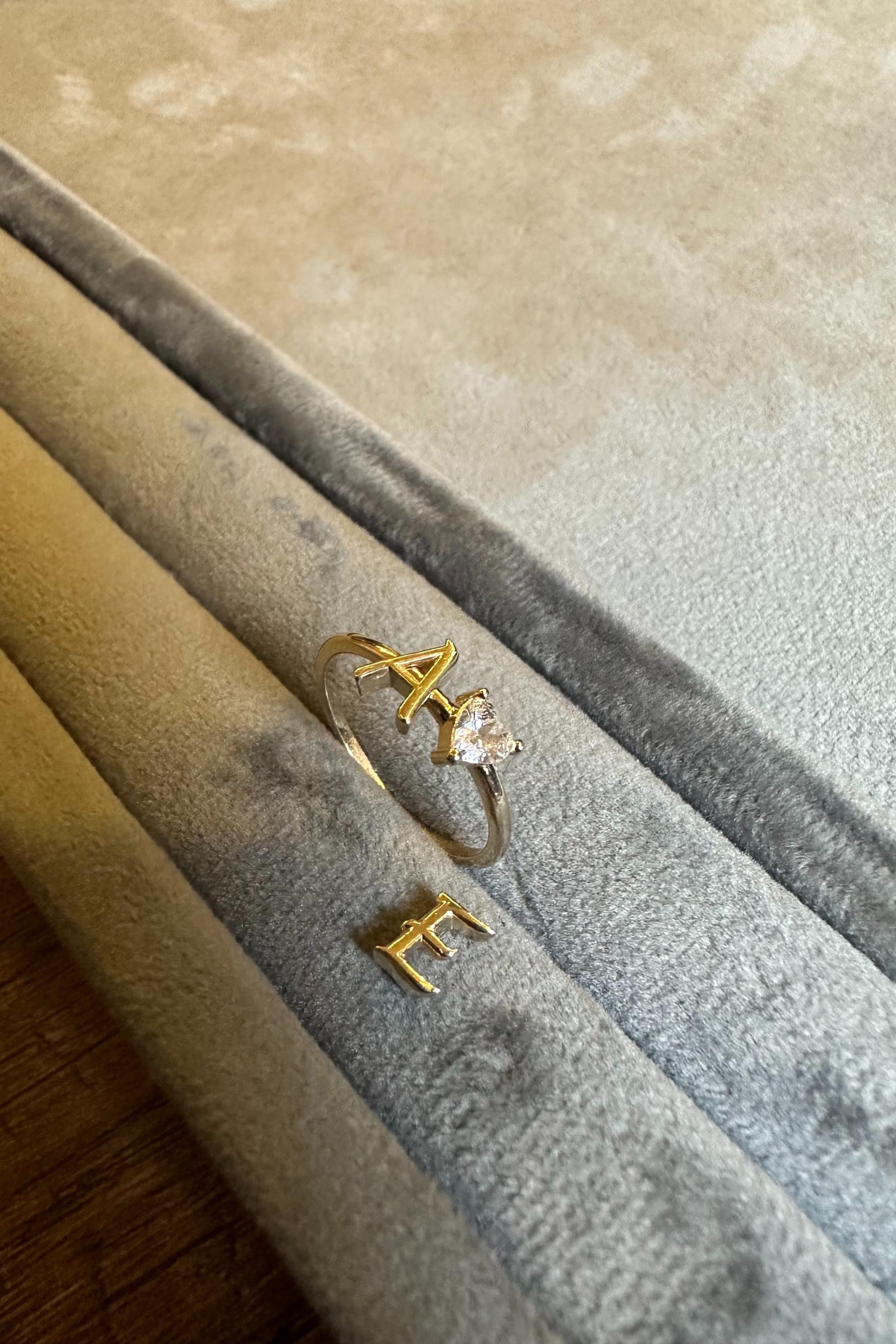 14K Gold Initial Ring with Removable Letters, Heart Stone Ring, Personalized Letter Ring, Custom Name Ring, Meaningful Gift for Her