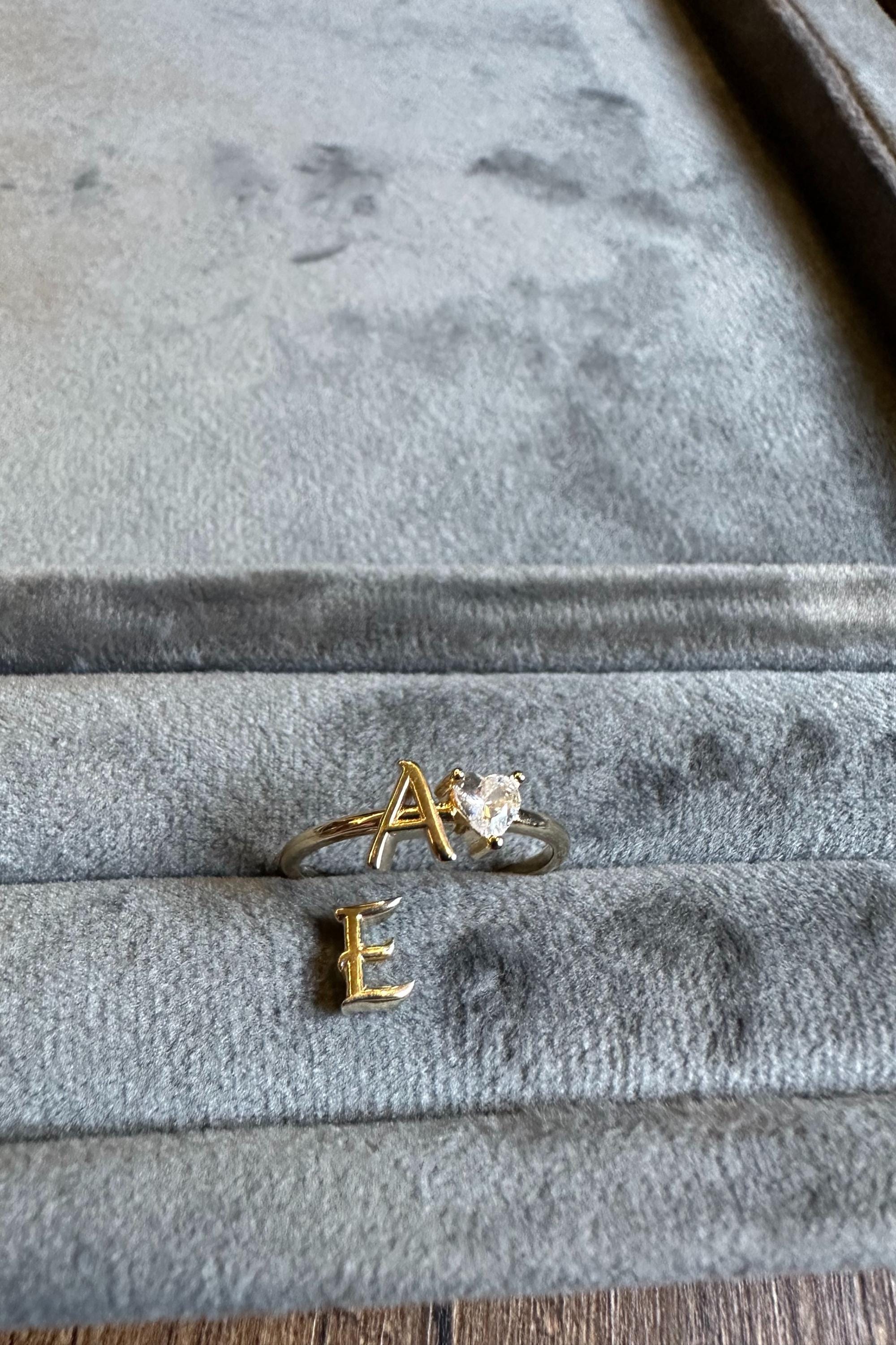 14K Gold Initial Ring with Removable Letters, Heart Stone Ring, Personalized Letter Ring, Custom Name Ring, Meaningful Gift for Her