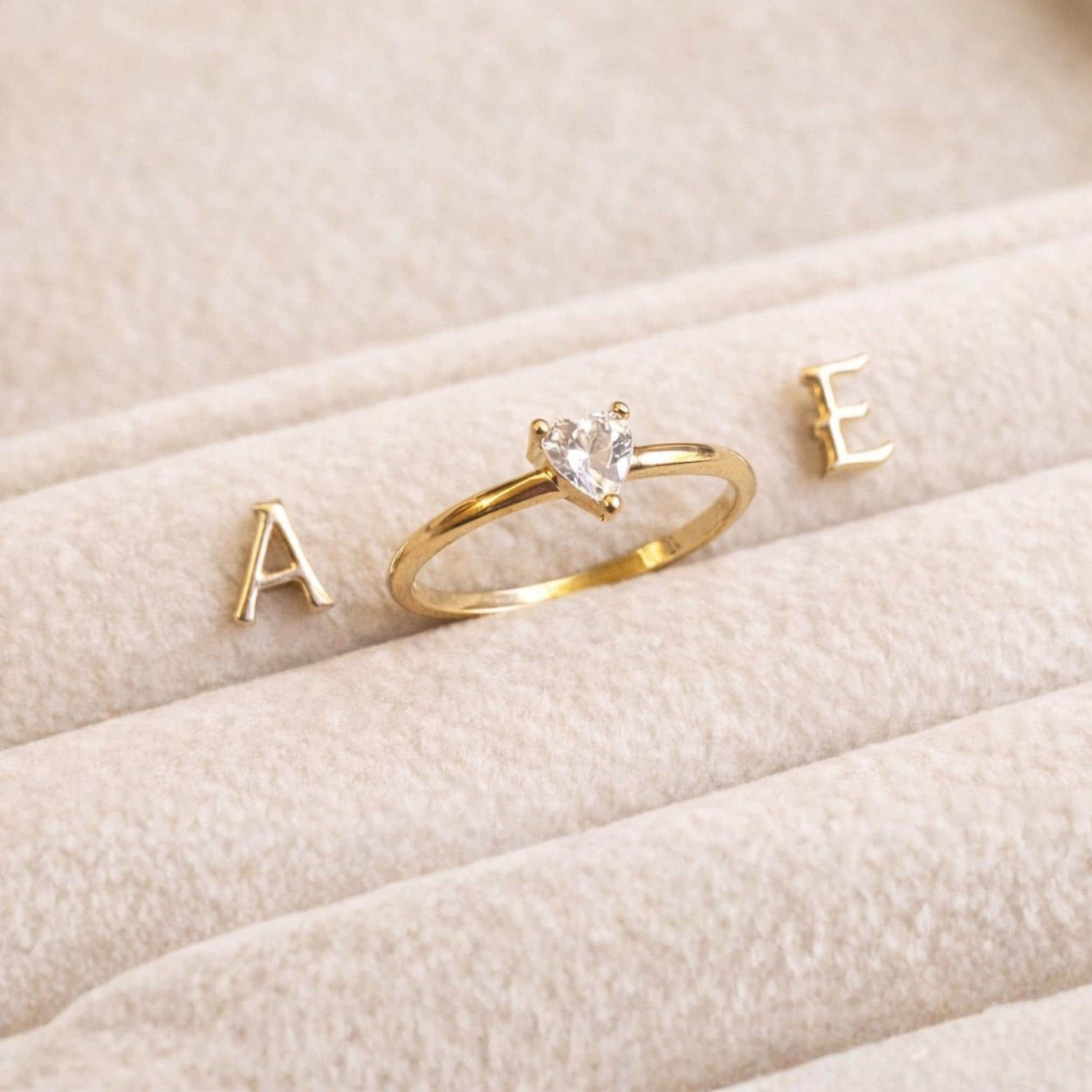 14K Gold Initial Ring with Removable Letters, Heart Stone Ring, Personalized Letter Ring, Custom Name Ring, Meaningful Gift for Her