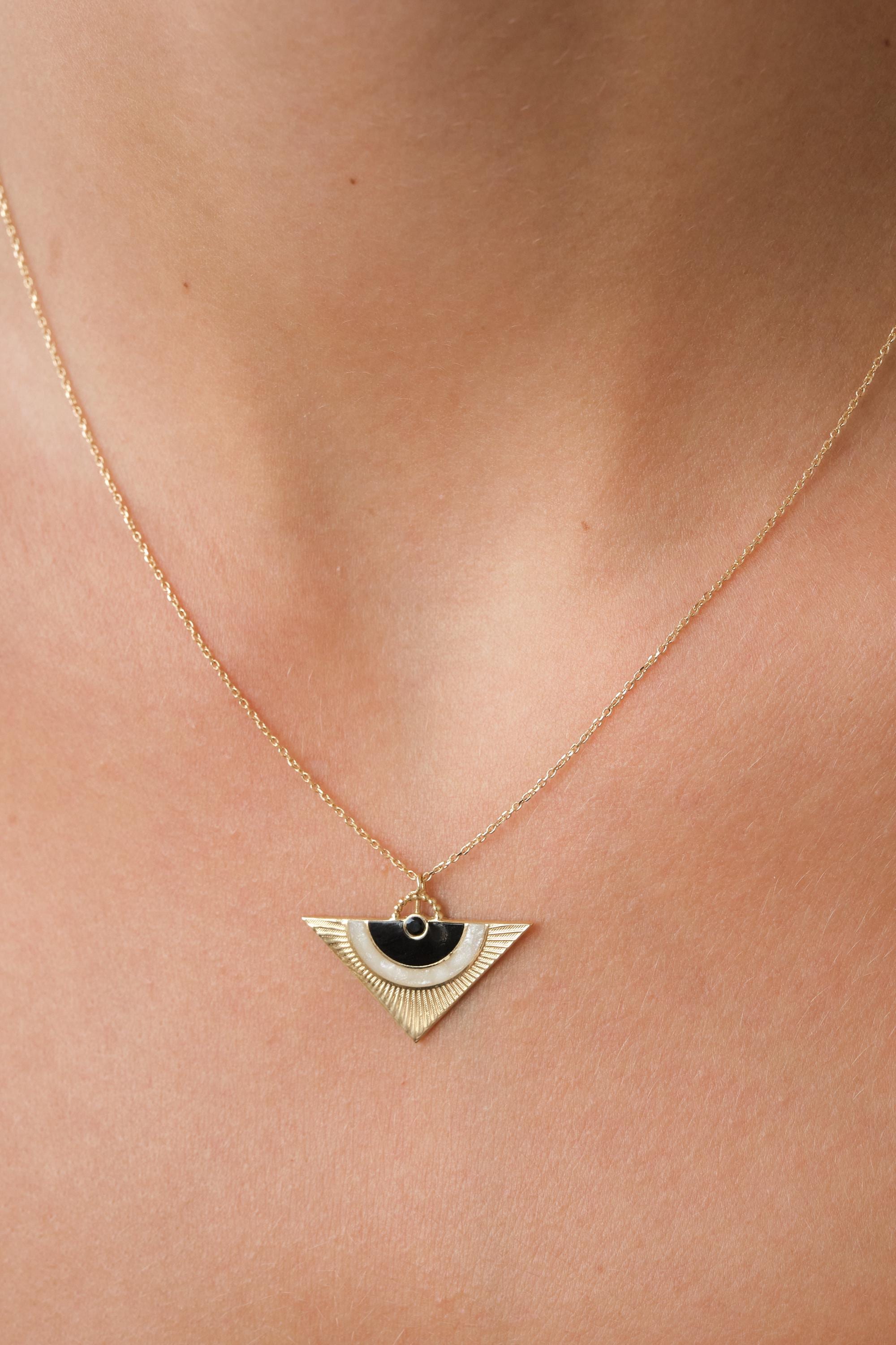 14K Gold Sunburst Triangle Necklace, Art Deco Geometric Pendant, Minimal Statement Jewelry, Unique Gift for Her