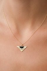 14K Gold Sunburst Triangle Necklace, Art Deco Geometric Pendant
