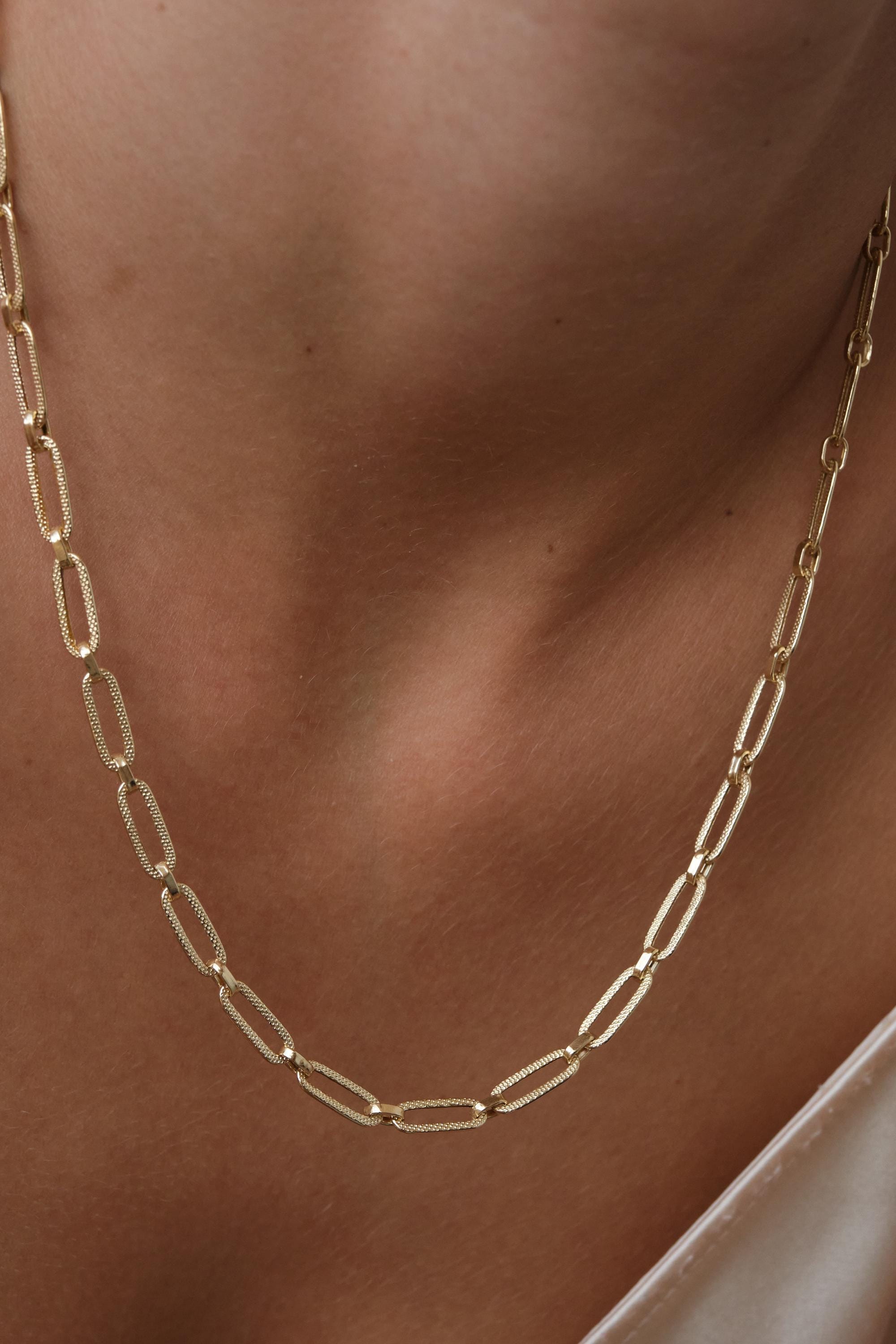 14K Gold Paperclip Chain Necklace, Textured Elongated Link Chain, Layering Statement Necklace, Gift for Her