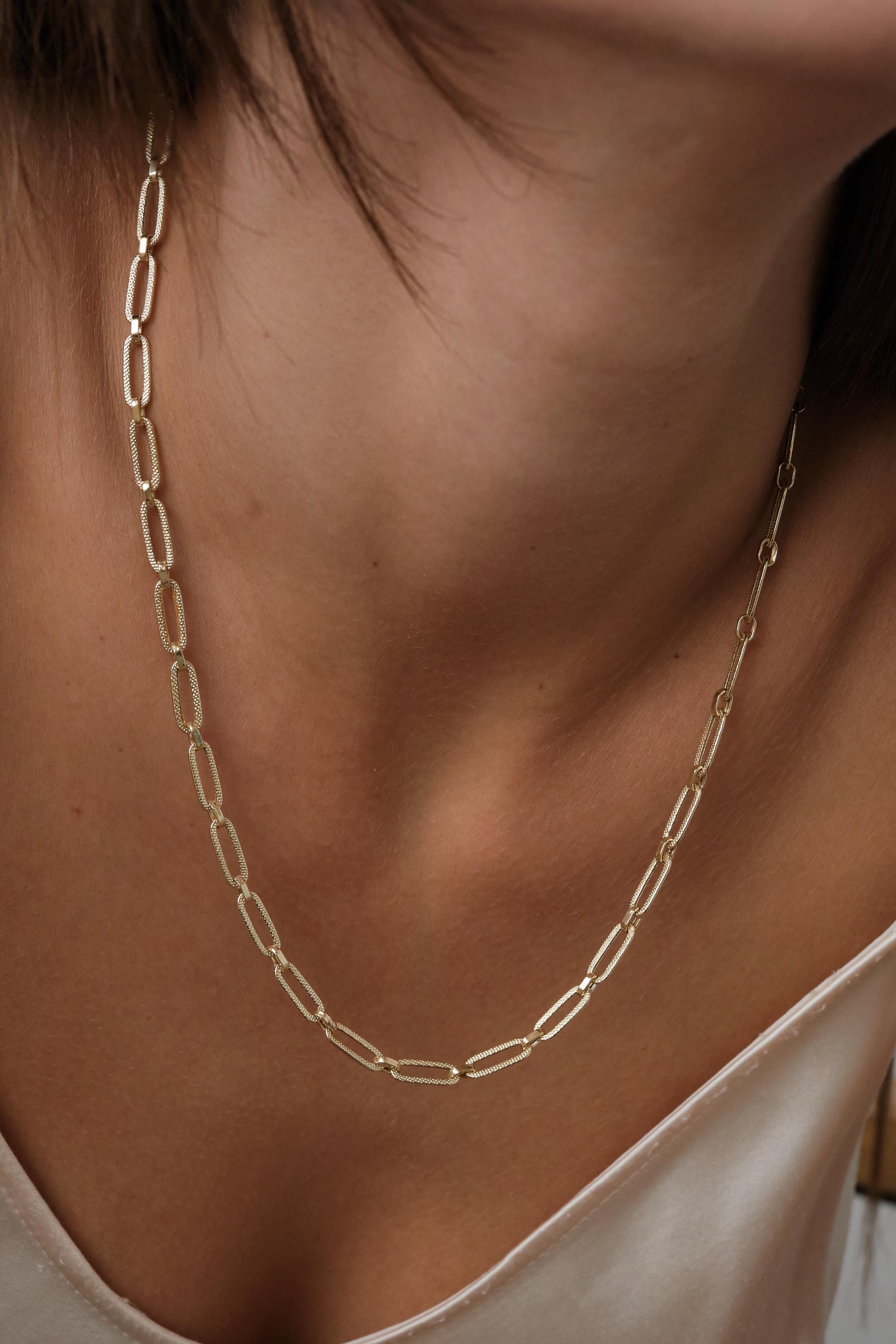 14K Gold Paperclip Chain Necklace, Textured Elongated Link Chain, Layering Statement Necklace, Gift for Her