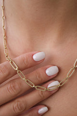 14K Gold Paperclip Chain Necklace, Textured Elongated Link Chain