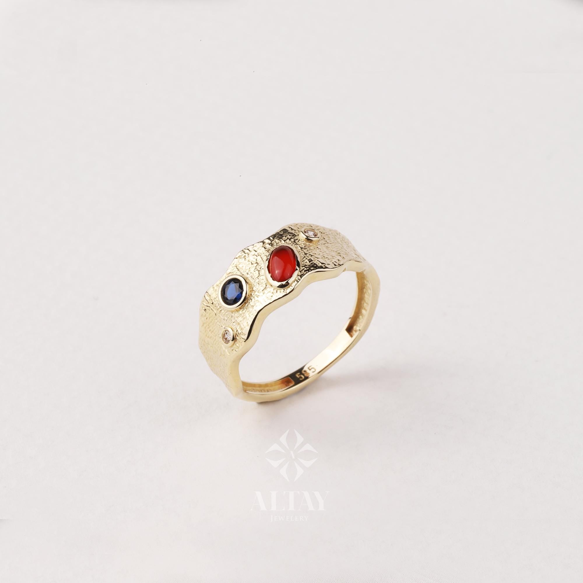 14K Gold Textured Gemstone Ring, Multi Stone Band Ring, Gold Statement Ring, Color Stone Gold Ring