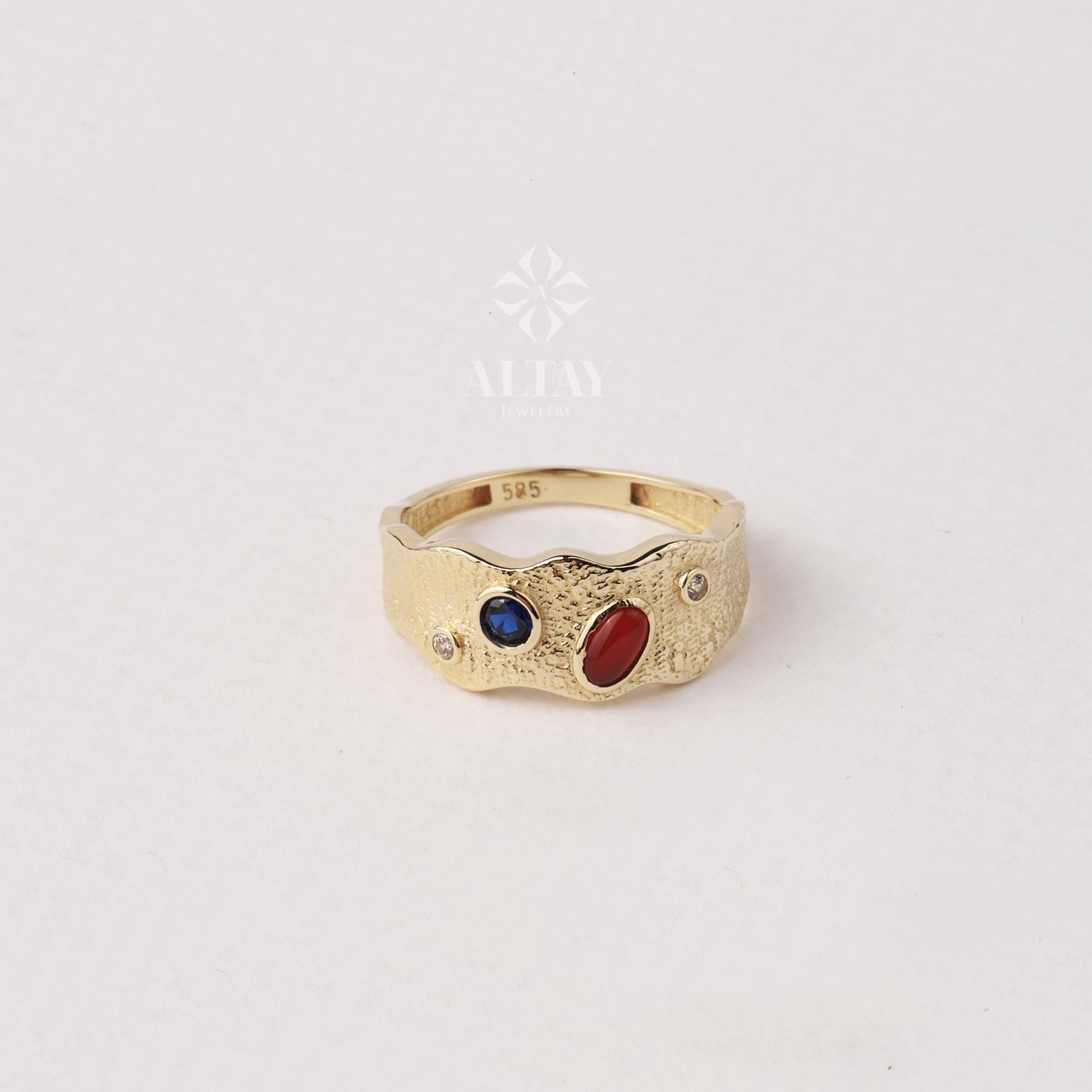 14K Gold Textured Gemstone Ring, Multi Stone Band Ring, Gold Statement Ring, Color Stone Gold Ring