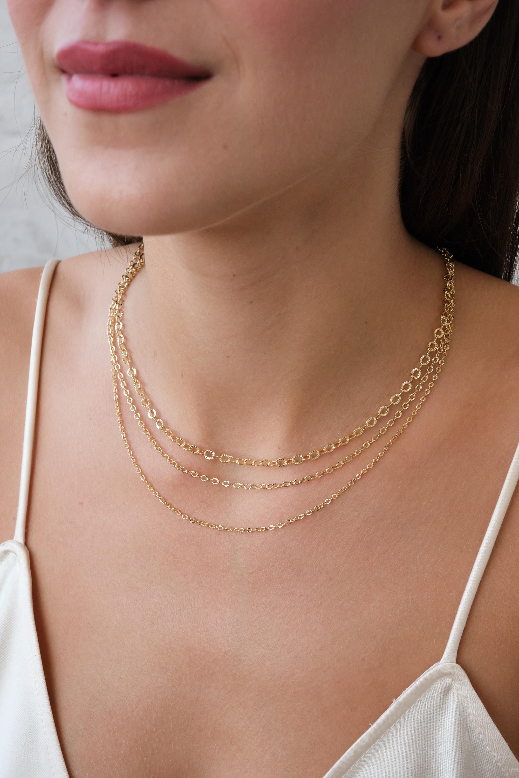 14K Gold Textured Oval Link Chain Necklace, 1.5mm 2.5mm 3.9mm Diamond Cut Cable Chain, Layering Necklace Gift for Her