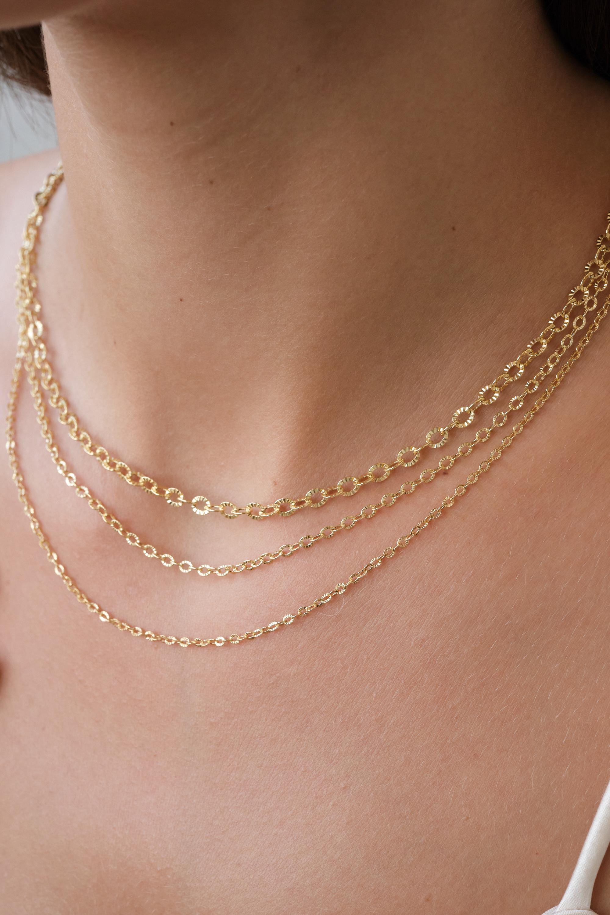14K Gold Textured Oval Link Chain Necklace, 1.5mm 2.5mm 3.9mm Diamond Cut Cable Chain, Layering Necklace Gift for Her