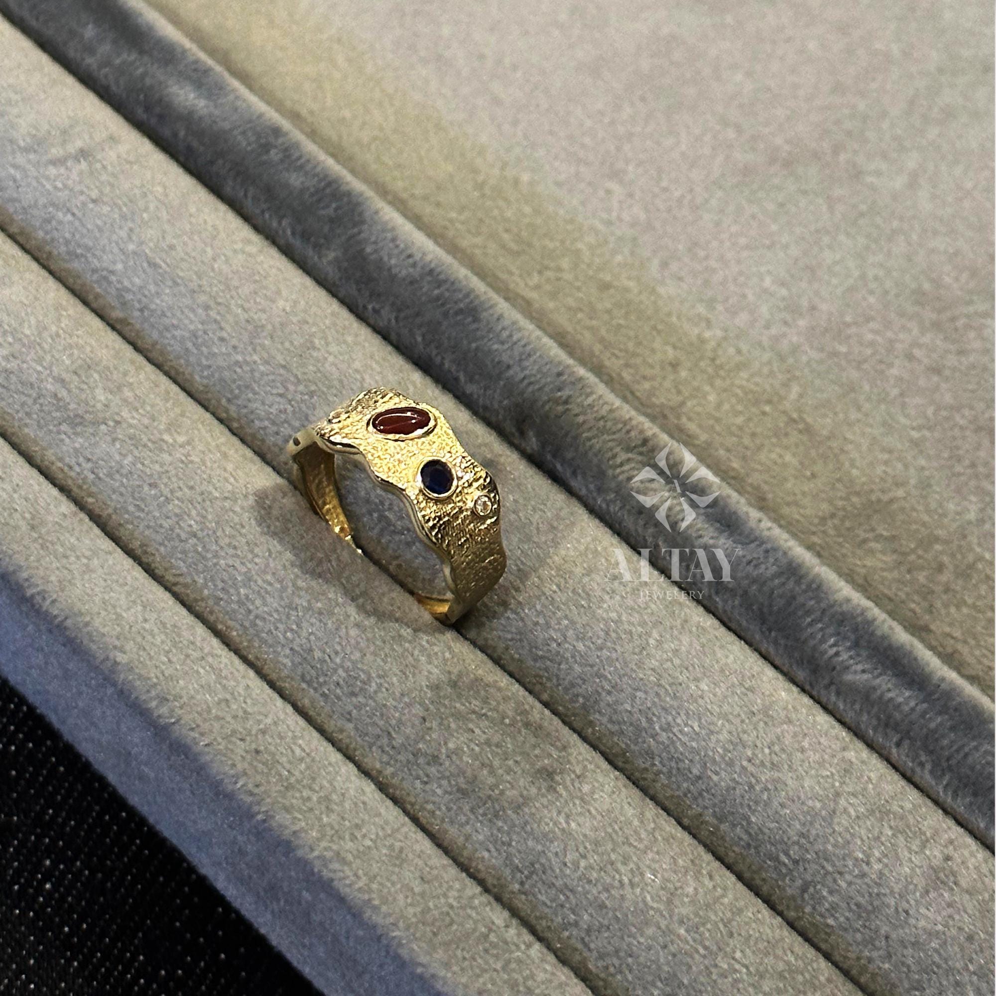 14K Gold Textured Gemstone Ring, Multi Stone Band Ring, Gold Statement Ring, Color Stone Gold Ring