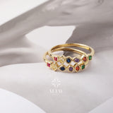 14K Gold Birthstone Ring, Multi Stone Gold Ring
