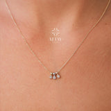14K Gold Bezel Necklace, CZ Tri-Color Gold Charm