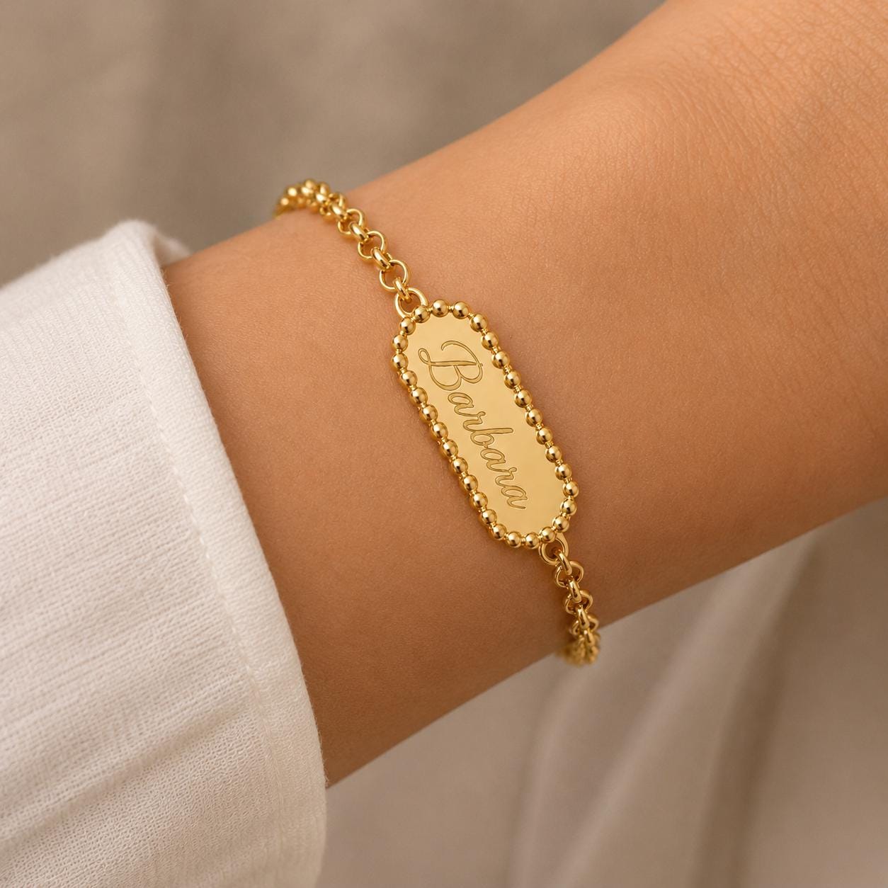 14K Gold Bar Rolo Chain Bracelet, Custom Bar Bracelet, Personalized Name Bracelet, Engraved Bracelet for Women, Friendship Bracelet