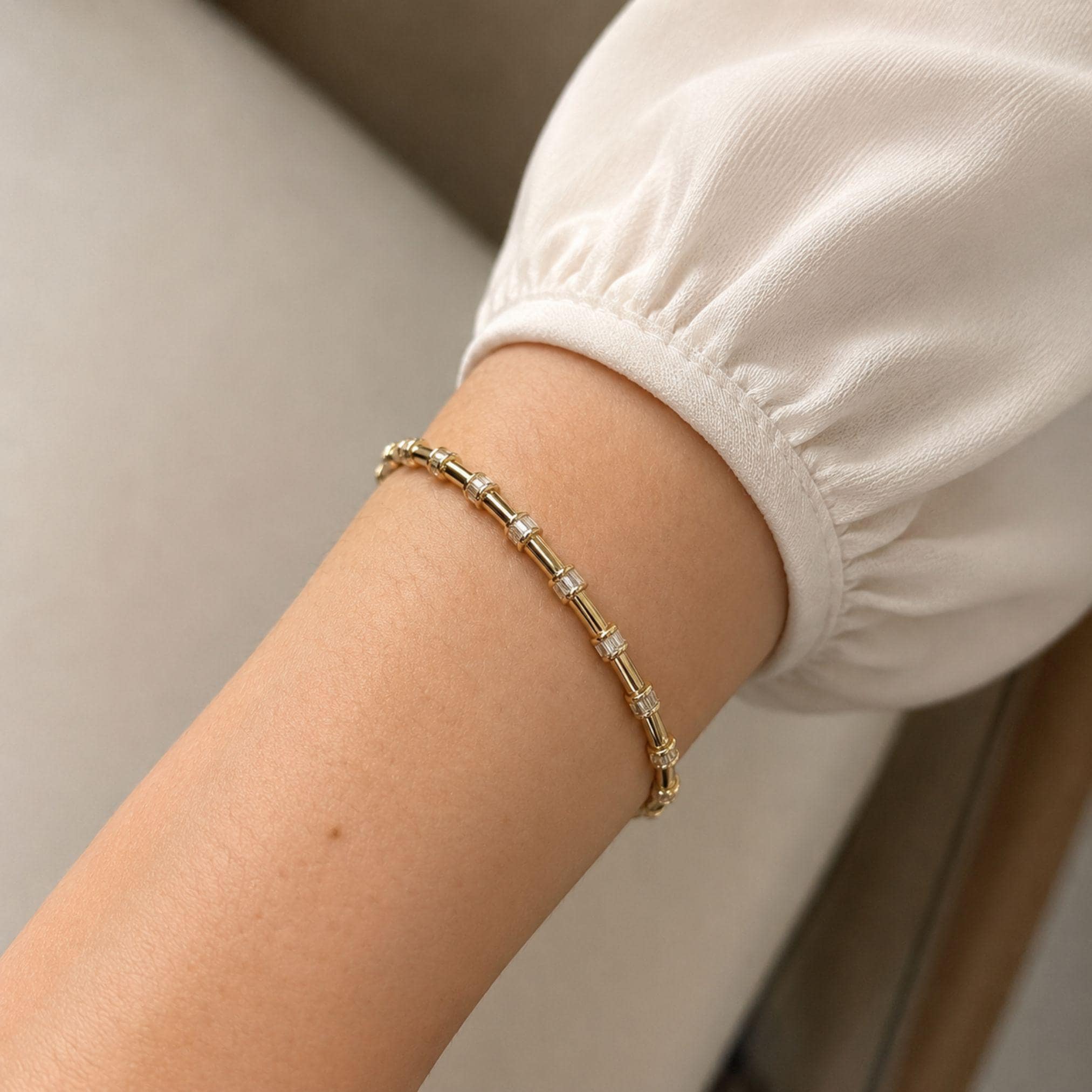 14K Gold Baguette Bracelet, Baguette Link Gold Bracelet, Dainty Gold Bracelet, Minimalist Everyday Fine Jewelry Gift for Her