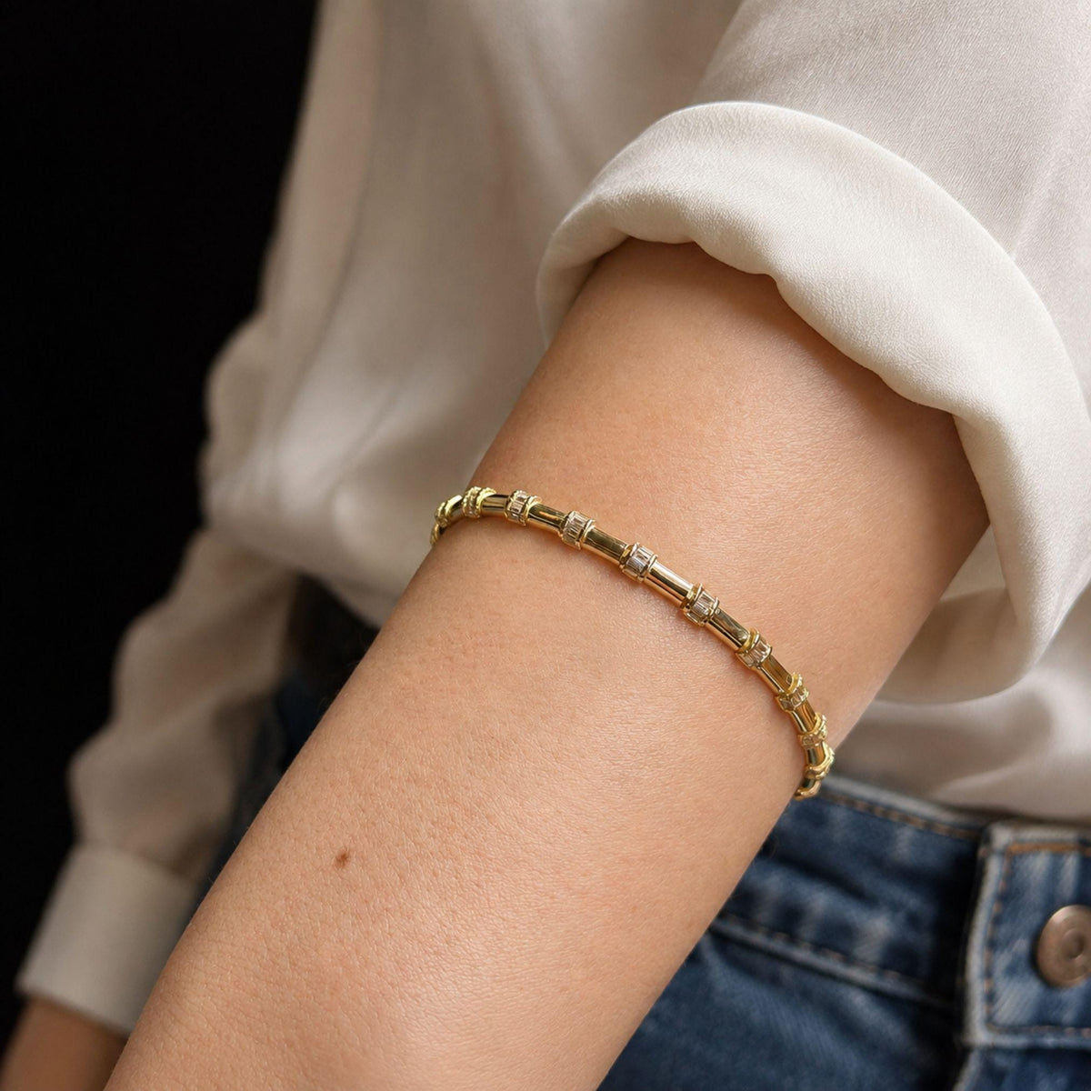 14K Gold Baguette Bracelet, Baguette Link Gold Bracelet, Dainty Gold Bracelet, Minimalist Everyday Fine Jewelry Gift for Her