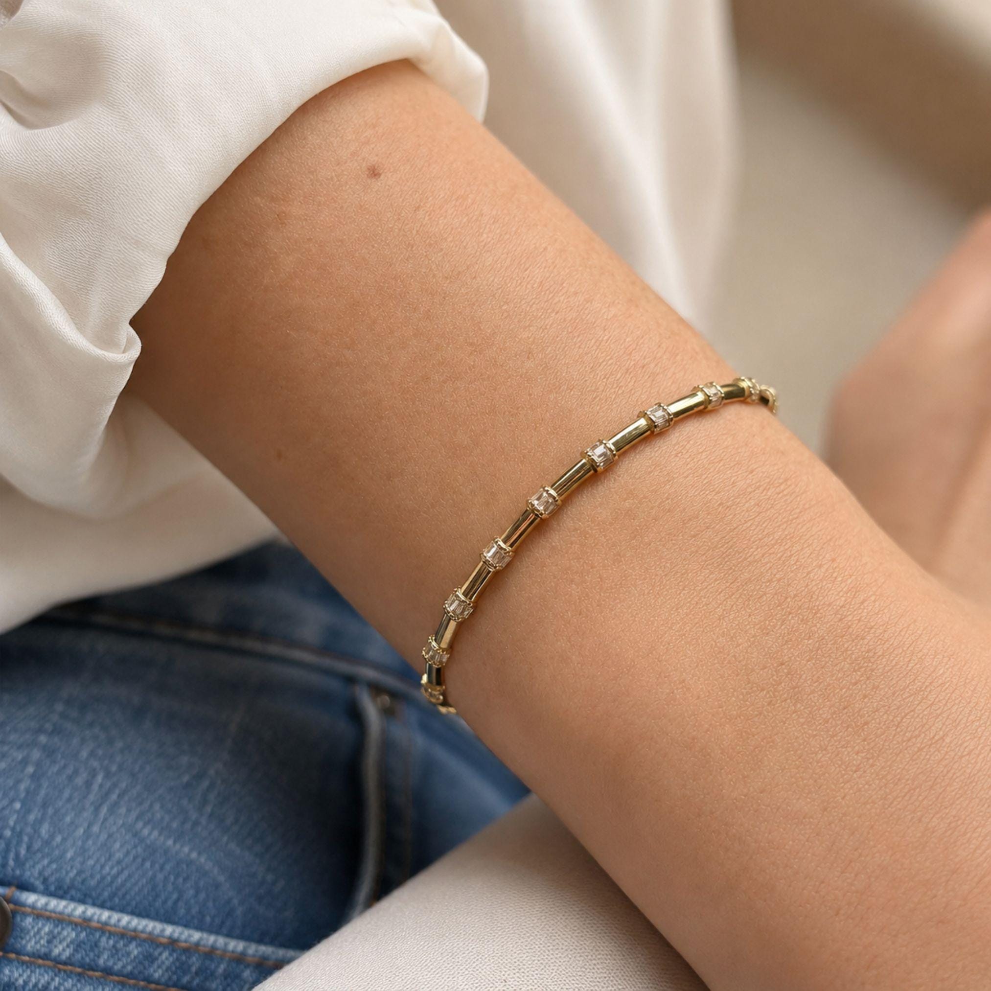 14K Gold Baguette Bracelet, Baguette Link Gold Bracelet, Dainty Gold Bracelet, Minimalist Everyday Fine Jewelry Gift for Her