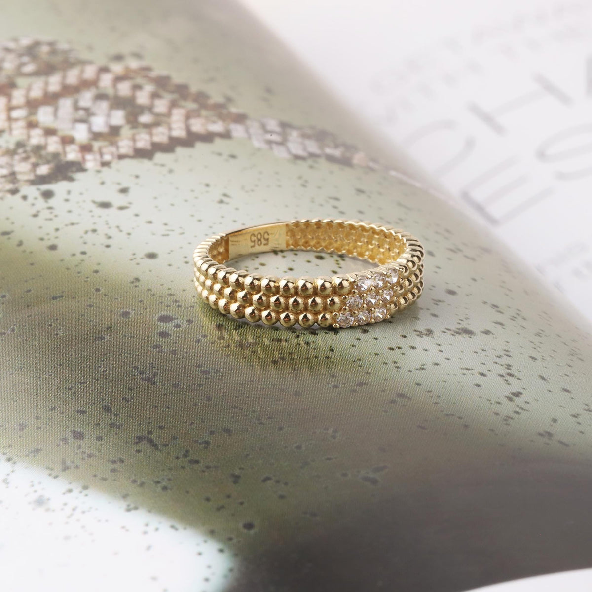 14K Gold Beaded Ring, Three Row Dome Ring, CZ Statement Band, Textured Gold Ring, Women’s Gift, Minimalist Fine Jewelry