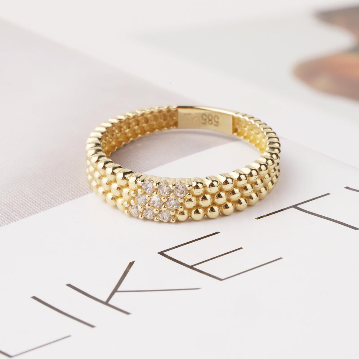 14K Gold Beaded Ring, Three Row Dome Ring, CZ Statement Band, Textured Gold Ring, Women’s Gift, Minimalist Fine Jewelry