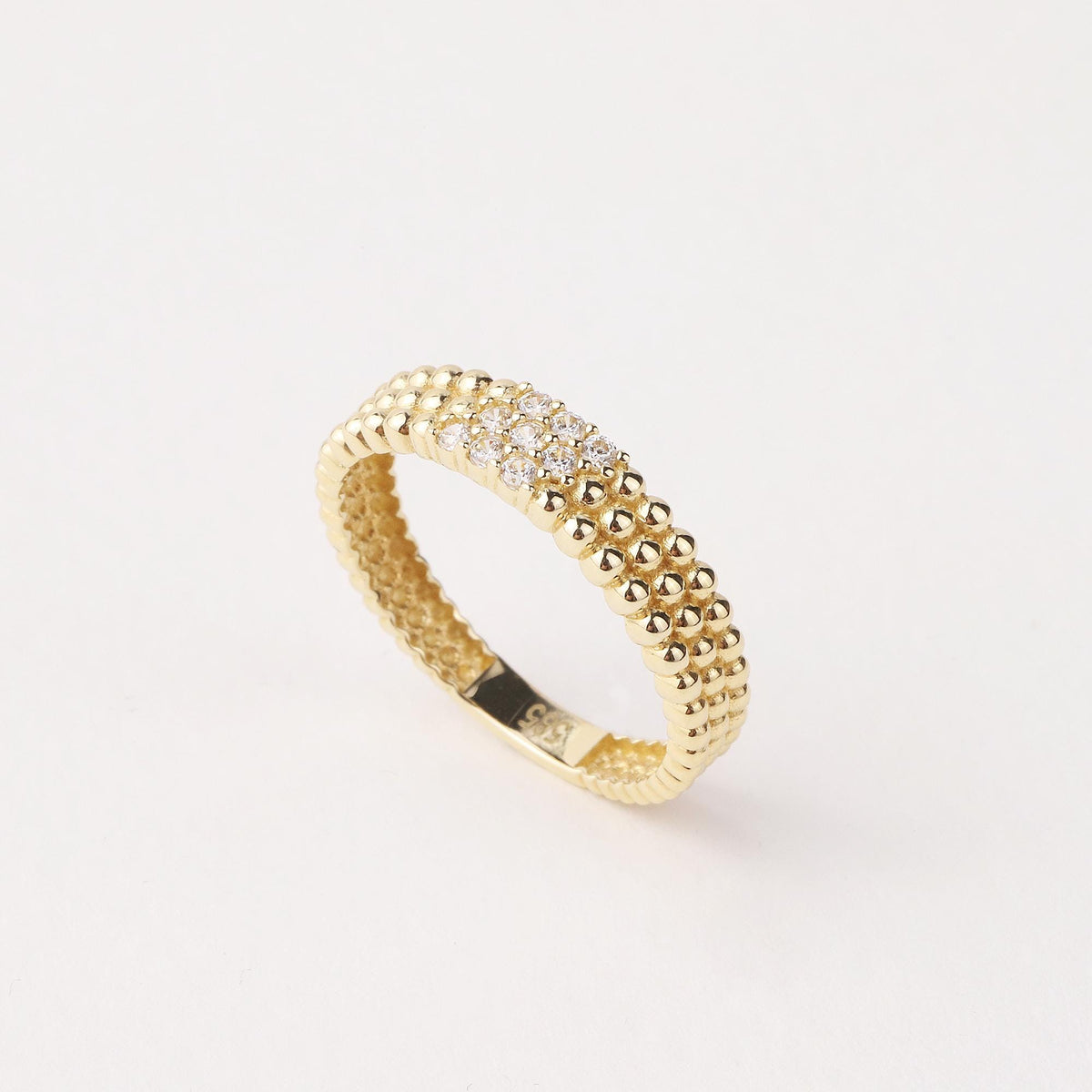 14K Gold Beaded Ring, Three Row Dome Ring, CZ Statement Band, Textured Gold Ring, Women’s Gift, Minimalist Fine Jewelry