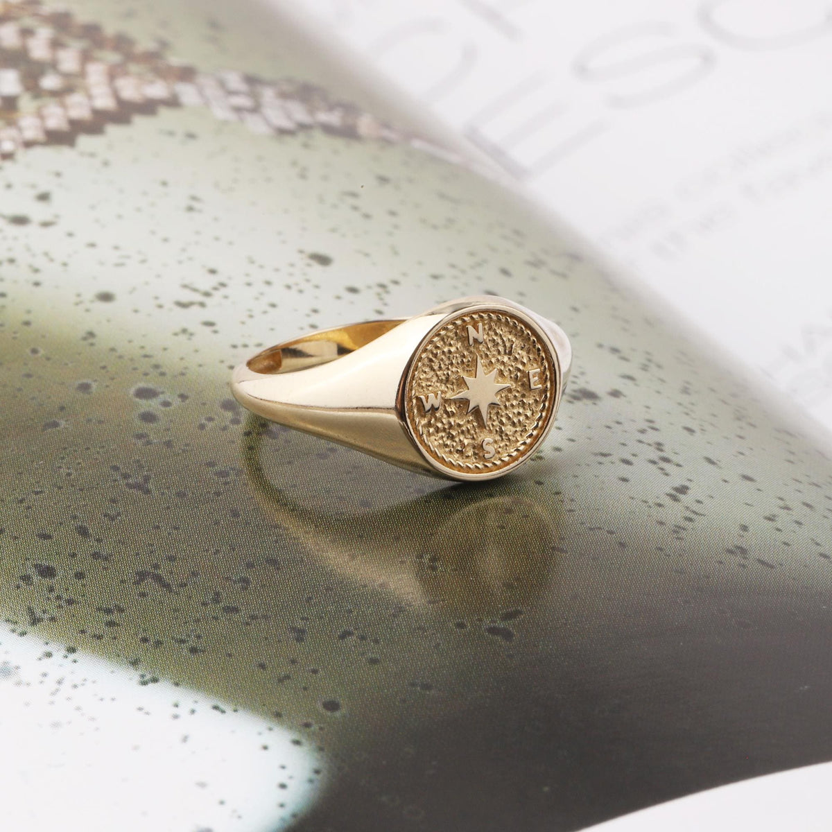 14K Gold Compass Ring, Polar Star Band, North Star Turquoise Ring, Astrology Starburst Ring, Luck Star, Celestial Pinky Ring