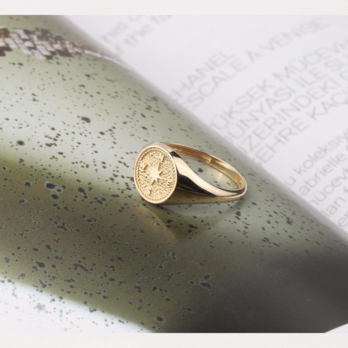 14K Gold Compass Ring, Polar Star Band, North Star Turquoise Ring, Astrology Starburst Ring, Luck Star, Celestial Pinky Ring