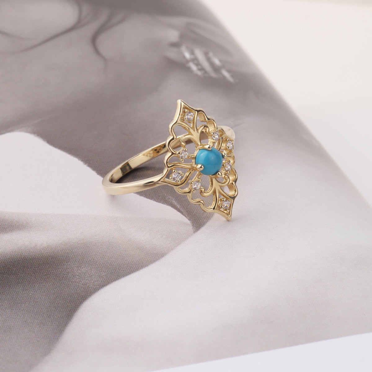14K Gold Turquoise Filigree Ring, Vintage Inspired Floral Statement Ring, Art Deco Gold Ring, December Birthstone Jewelry, Gift for Her