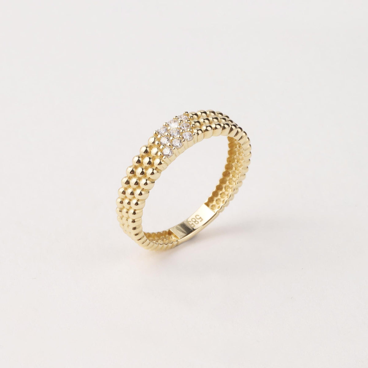 14K Gold Beaded Ring, Three Row Dome Ring, CZ Statement Band, Textured Gold Ring, Women’s Gift, Minimalist Fine Jewelry