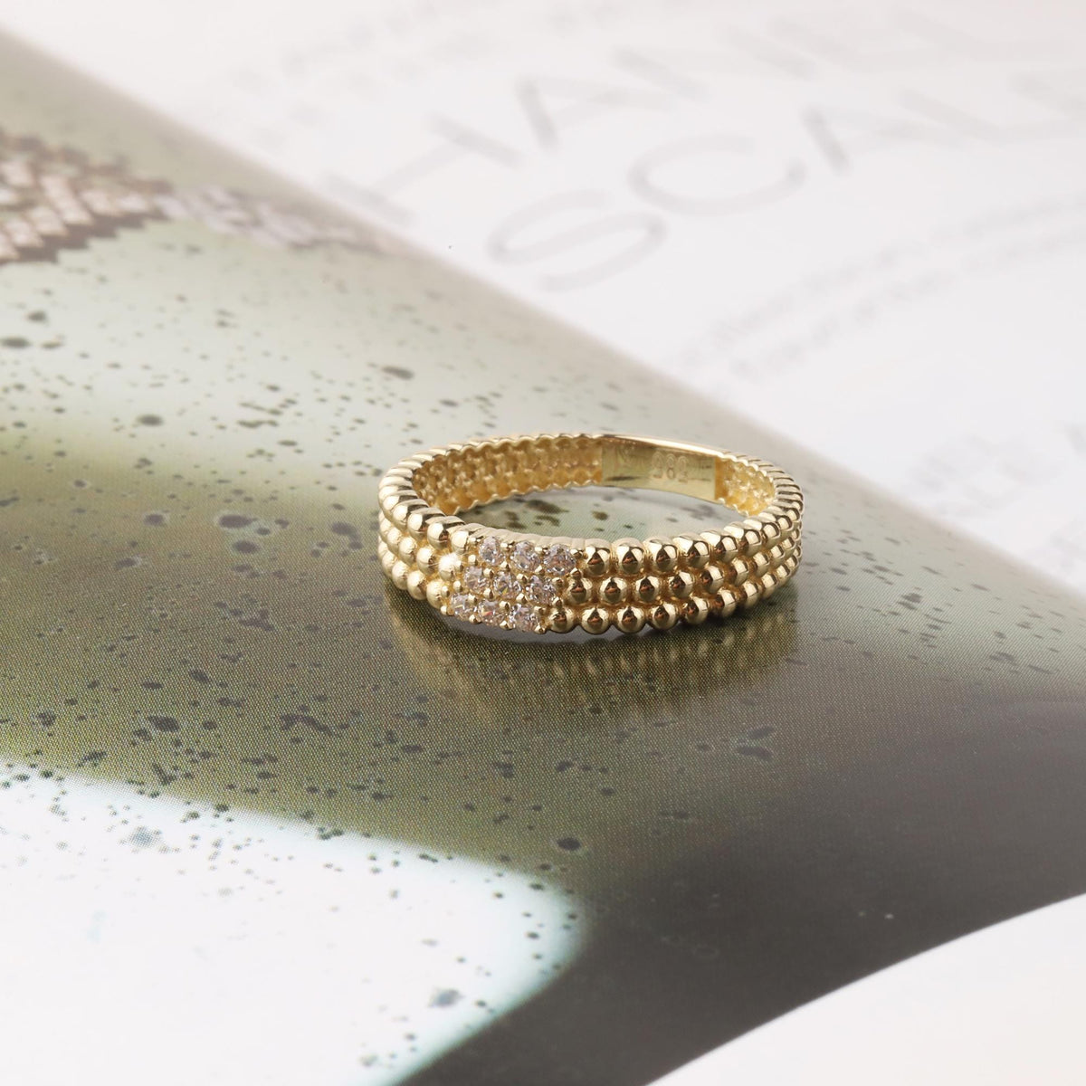14K Gold Beaded Ring, Three Row Dome Ring, CZ Statement Band, Textured Gold Ring, Women’s Gift, Minimalist Fine Jewelry