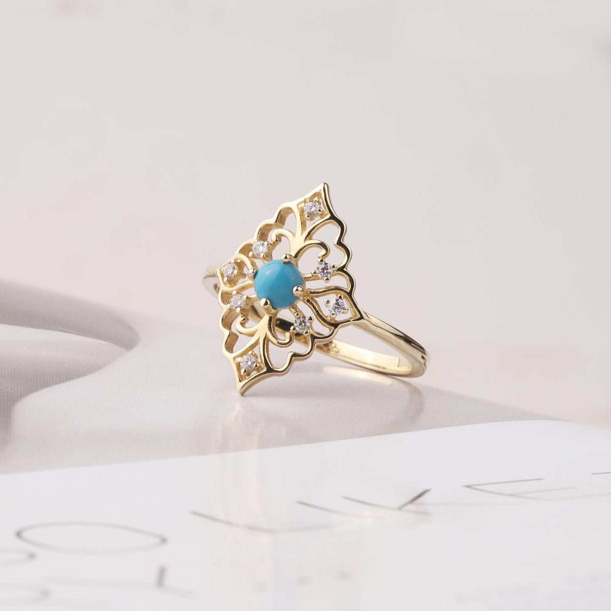 14K Gold Turquoise Filigree Ring, Vintage Inspired Floral Statement Ring, Art Deco Gold Ring, December Birthstone Jewelry, Gift for Her