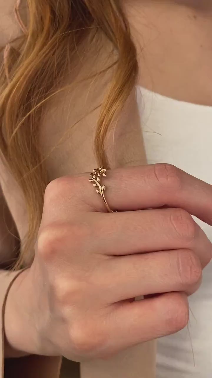 14K Gold Leaf Branch Ring, Gold Leaf Twig Ring