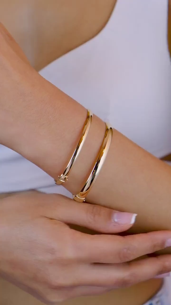 14K Gold Hinged Classic Gold Bracelet, Custom Gold Dome Bangle