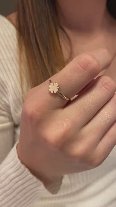 14K Gold Four Leaf Clover Ring, Dainty Good Luck Ring