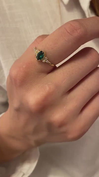 14K Gold Emerald Ring, Emerald Engagement Diamond Ring