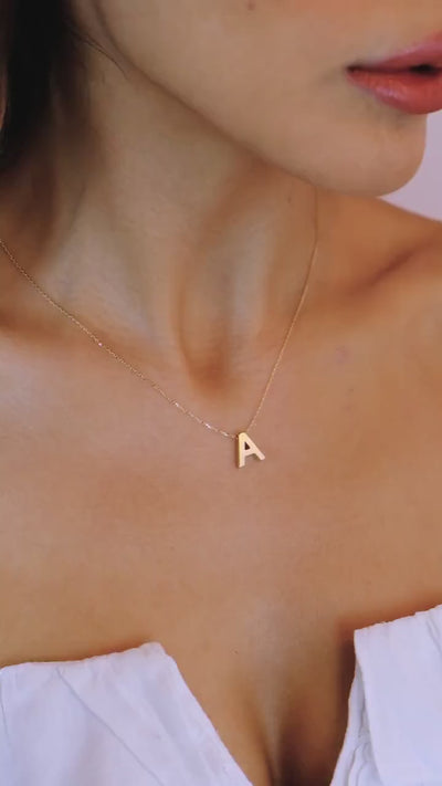 14K Solid Gold Initial Necklace, Letter Pendant Choker