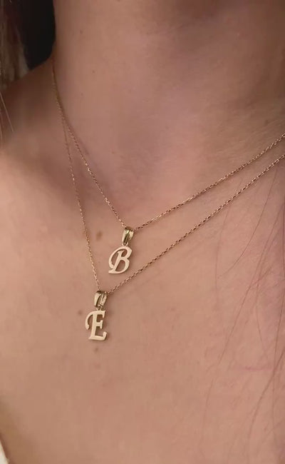 14K Solid Gold Initial Necklace, Cursive Letter Pendant