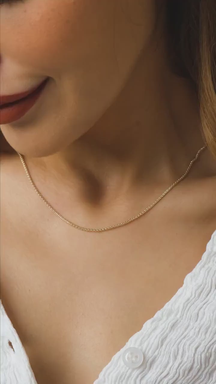 14K Gold Popcorn Necklace, 2mm Curb Choker Chain