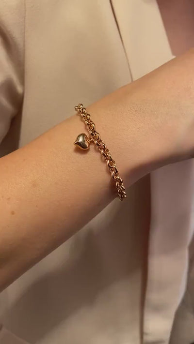 14K Gold Rolo Chain Bracelet, 5mm Rolo Chain Heart Charm Bracelet