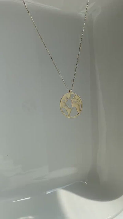 14K Gold Earth Necklace, World Map Necklace